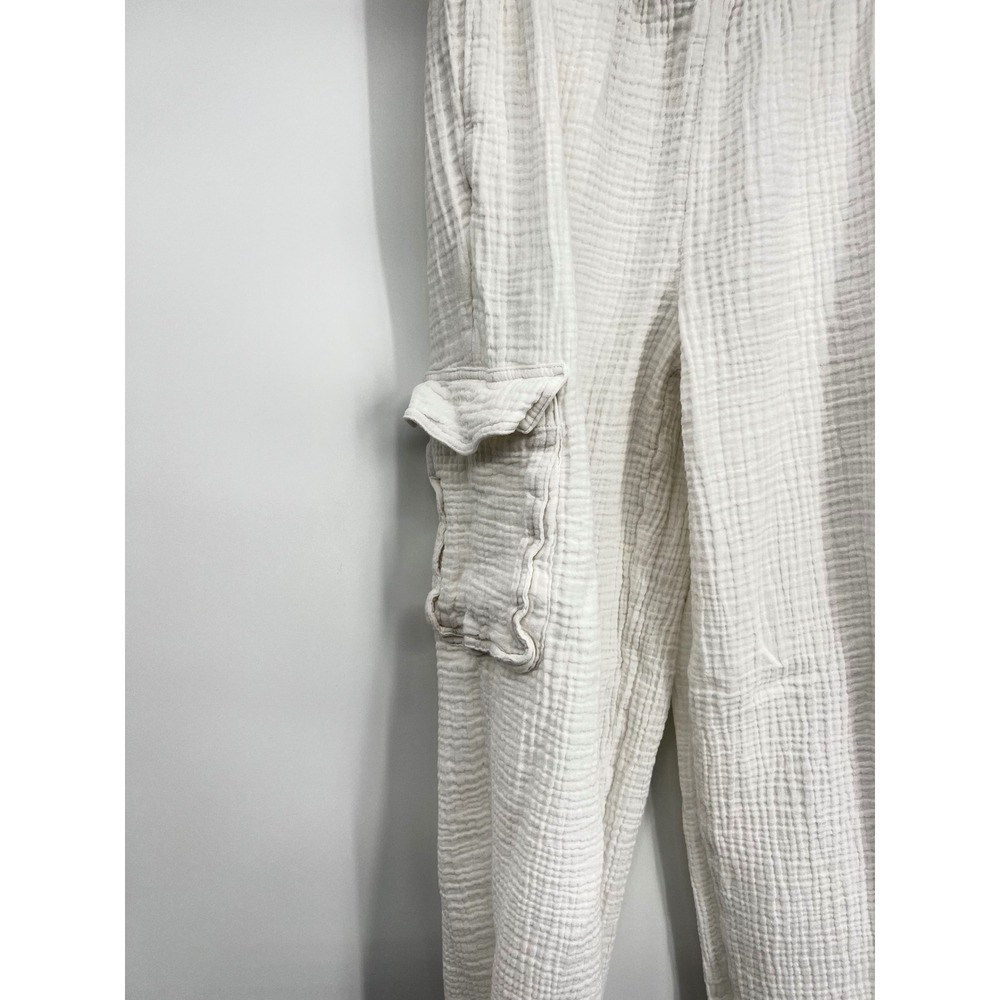 Aerie WhiteGauze Cotton Cargo Pants Elastic Waist Relaxed Wide Leg Trousers Sm - Picture 3 of 16